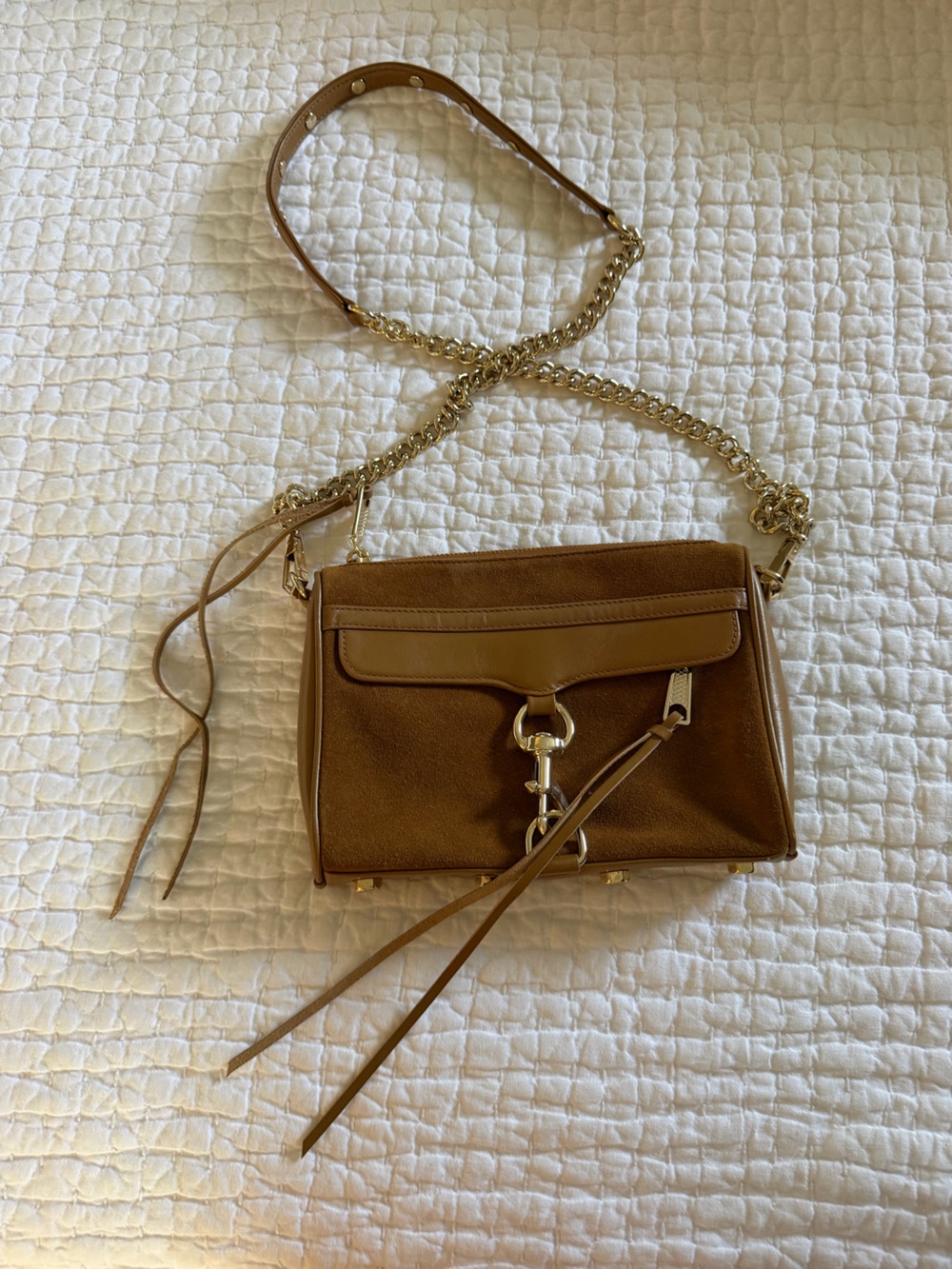 Rebecca Minkoff Tan Brown Suede Crossbody with Gold Chain